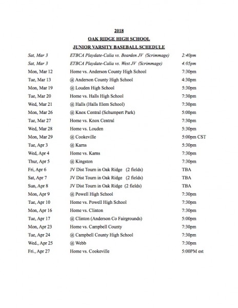 Oak Ridge 2018 Junior Varsity Baseball Schedule