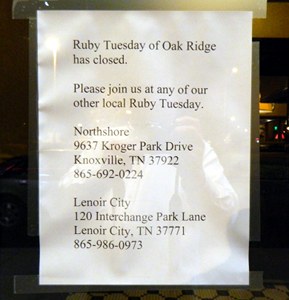 Ruby Tuesday Closed Sign