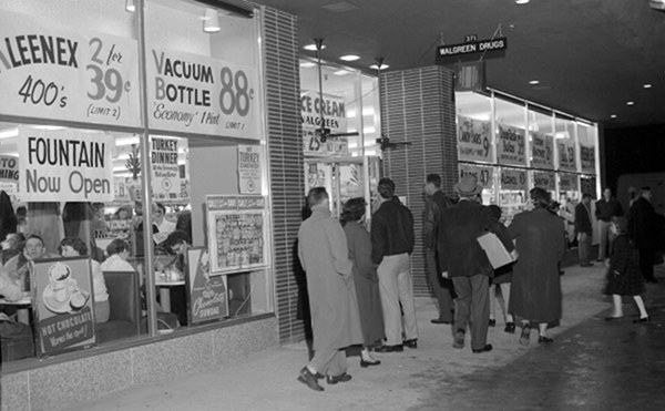 Crowd Outside Walgreen Drugs on December 2, 1955