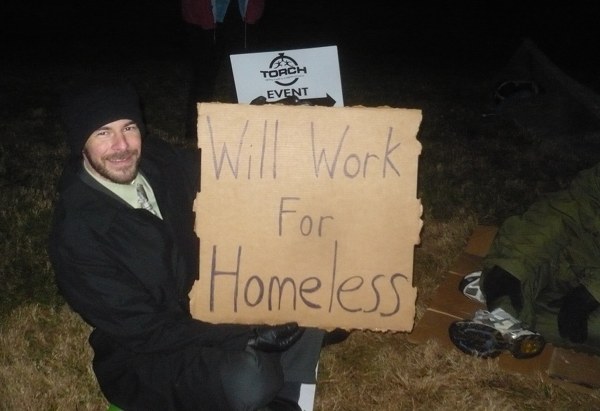 Pastor Steve Sherman with Homeless Sign