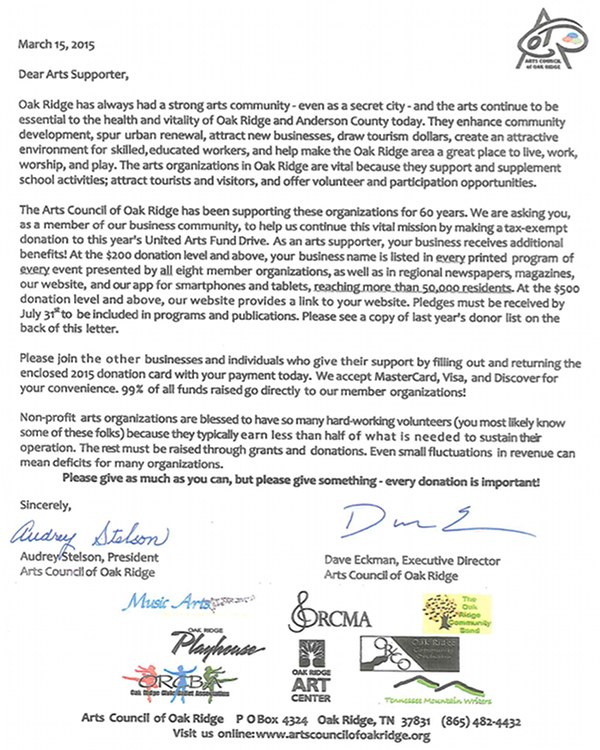 Arts Council of Oak Ridge 2015 Letter Page 1