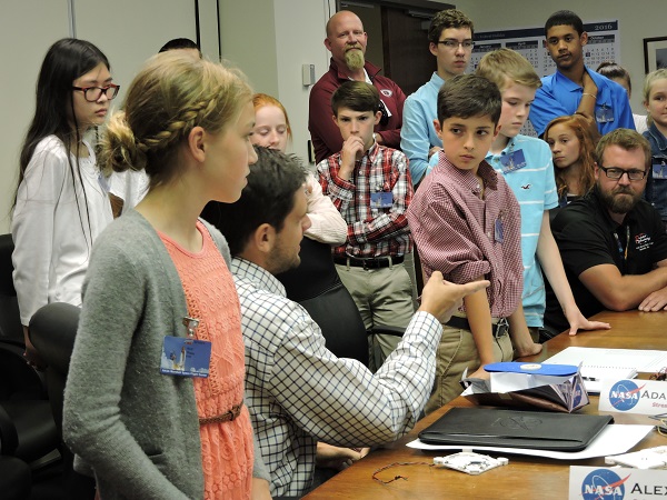 Robertsville Middle School students and Oak Ridge Schools Superintendent Bruce Borchers meet with NASA engineers at the Marshall Space Flight Center in Huntsville, Alabama, on Thursday, May 19, 2016. (Submitted photo via Oak Ridge Schools)