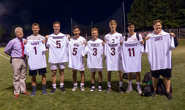 Oak Ridge Coach Jeff Trombly is pictured above with seniors on the 2016 Oak Ridge Wildcats soccer team at home on Friday, April 29, 2016. From left, the seniors are goalkeeper Joel Turner, forward Matt Warmbrod, midfielder Lewis Wang, defenders Brandon Stanley and Blake Clowers, forward Jose Rodriguez, and manager Connor Jones. (Photo by John Huotari/Oak Ridge Today)