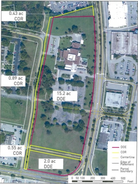 The American Museum of Science and Energy property is pictured above in central Oak Ridge. The wide road running vertically at center-right through the aerial photo is South Tulane Avenue. The proposed Main Street Oak Ridge would be on the right side of South Tulane Avenue at the former Oak Ridge Mall. The road running horizontally at bottom is South Illinois Avenue. AMSE is the brown-roofed building at top-center.