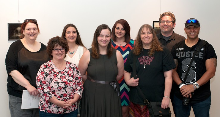 Several Roane State students earned honors in the college’s annual Student Art Show. From left are associate professor Stacy Jacobs; students Marsha Scarbrough, Kaitlan Paine, Erica Ostrander, Ceara Wallus, and Celine Gobert; associate professor Bryan Wilkerson; and student Steven Young. (Photo by RSCC)