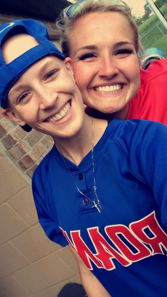 Roane State softball player Briar Mays, left, is undergoing treatment for a rare form of cancer but intends to return to the squad in the spring. She is pictured with teammate Kacee Hedrick. (Photo by Roane State)
