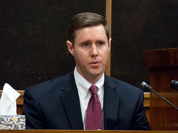 Christopher Lochmuller of the Knox County Regional Forensic Center, which performed the autopsy on James Robinson, 37, said Robinson had two severe injuries that can each be fatal. Robinson died in a parking lot crash at the Midtown Community Center after fireworks in Oak Ridge on July 4, 2015. Lochmuller testified during the homicide and aggravated assault trial for Lee Harold Cromwell, 68, of Oak Ridge, in Anderson County Criminal Court in Clinton on Tuesday, Feb. 14, 2017. (Photo by John Huotari/Oak Ridge Today)