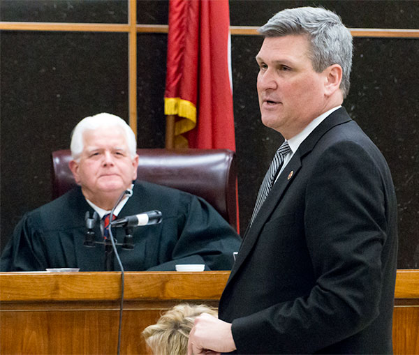 Tony Craighead, Anderson County deputy district attorney general, talks to potential jurors in Anderson County Criminal Court in Clinton on Monday, Feb. 13, 2017, during the homicide trial for Lee Cromwell, 68, who is accused of killing a Knoxville man and injuring others as he backed through a crowded parking lot at the Midtown Community Center after fireworks in Oak Ridge on July 4, 2015. Also pictured is Senior Judge Paul Summers, who was appointed to hear the case after Don Elledge recused himself. (Photo by John Huotari/Oak Ridge Today)