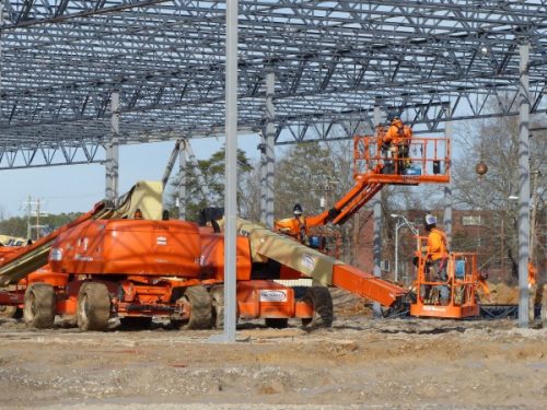 Construction work continues for new stores at Main Street Oak Ridge, the redevelopment of the former Oak Ridge Mall. This work on Friday, Feb. 10, 2017, is in the area that will house Electronic Express and PetSmart between JCPenney and Walmart. (Photo by John Huotari/Oak Ridge Today)