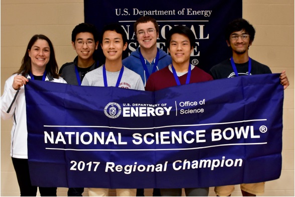 An Oak Ridge High School team won first place in the 2017 Tennessee Science Bowl. Pictured above from left to right with their trophy are, front row, Coach Sharon Thomas, Henry Shen, and Wilson Huang; and back row, Stephen Qu, Joe Andress, and Adi Sujithkumar. (Photo courtesy U.S. Department of Energy)