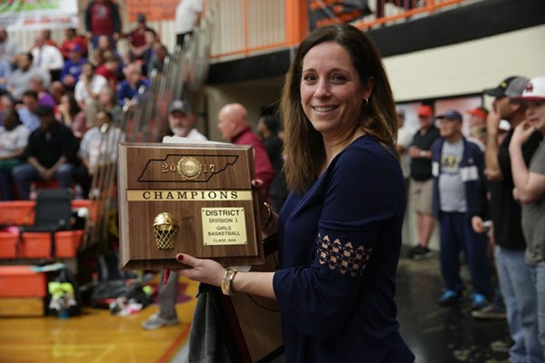 Oak Ridge Coach Paige Green is pictured above after the Lady Wildcats won the District 3-AAA championship for the second year in a row, beating Powell 59-34 at Clinton High School on Tuesday, Feb. 21, 2017. (Photo by Luther Simmons)