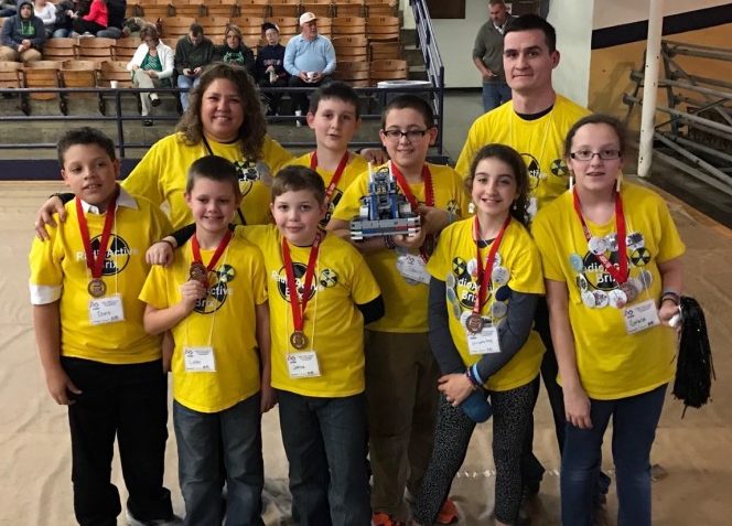 The Jefferson Middle School Radioactive Brix finished the robot challenge game with a high score of 90 and won second place in mechanical design in the FIRST Lego League East Tennessee State Championship at Tennessee Technological University in Cookeville on Saturday, Feb. 11, 2017. (Photo courtesy Oak Ridge Schools)