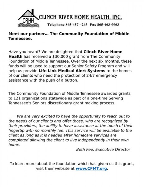 A statement about a $30,000 grant from The Community Foundation of Middle Tennessee posted by Clinch River Home Health.