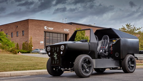 A Printed Utility Vehicle that used 3D printing as part of a project called the Additive Manufacturing Integrated Energy, or AMIE, demonstration, at Oak Ridge National Laboratory is pictured above on Sept. 22, 2015. (Carlos Jones photo courtesy of Oak Ridge National Laboratory, U.S. Dept. of Energy)