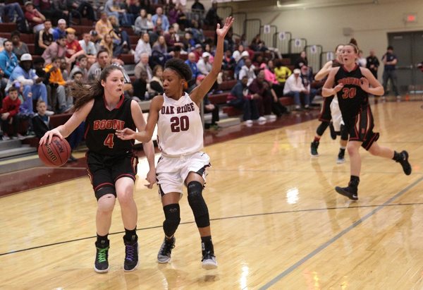 In this photo from 2017, Oak Ridge's Desiree Bates (20), who is now a senior, plays defense against Daniel Boone's Macie Culbertson (4), who is also now a senior, during a 61-44 win for the Lady Wildcats in a Class AAA sectional at Wildcat Arena on Saturday, March 4. Culbertson led the Lady Trailblazers with a game-high 25 points during a 62-51 win over the Lady Wildcats in this year's Class AAA sectional, which was played at Daniel Boone on Saturday, March 8, 2018. (File photo by Luther Simmons)