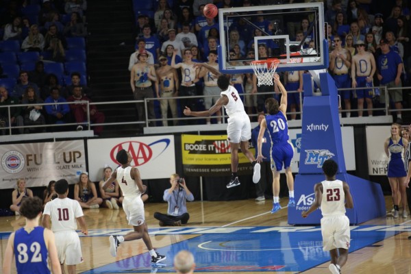 Oak Ridge senior Tee Higgins (5) had two spectacular blocks during a 53-45 win over Brentwood in a Class AAA boys' state quarterfinal game at Murphy Center in Murfreesboro on Wednesday, March 15, 2017. (Photo by Luther Simmons)