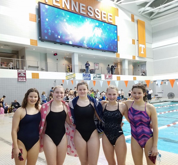 Oak Ridge Wildcat swimmers pictured above at the KISL meet post warm ups are, from left to right, Esther Gallmeier, Natalie Ingle, Madi Cottrell, Lucy Groscost, and Katharina Gallmeier. (Photo courtesy Erik Groscost)