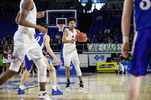 Oak Ridge senior Tajion Jones (3) looks for a pass during a 53-45 win over Brentwood in a Class AAA boys' state quarterfinal game at Murphy Center in Murfreesboro on Wednesday, March 15, 2017. (Photo by Kindell Moore)