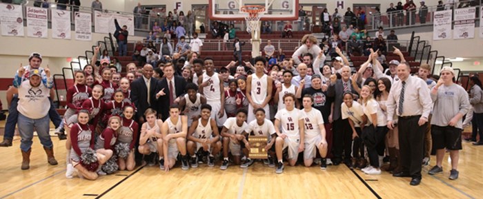Oak Ridge beat a young, talented Bearden team 86-73 in the Region 2-AAA basketball championship at Wildcat Arena on Thursday, March 2, 2017. The team is pictured above with coaches, cheerleaders, and the student section. (Photo by Luther Simmons)