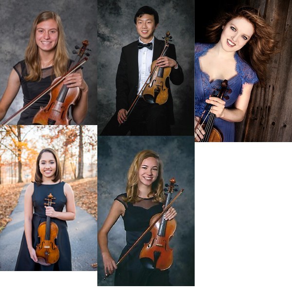 Top row from left above are Kate Hausladen, Michael Ma, and Rachel Barton Pine; and bottom row from left are Sidney Matlock and Hannah Shipstad. (Submitted photos)
