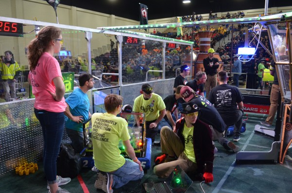 The Secret City Wildbots, an Oak Ridge team, competed in the FIRST Robotics Palmetto Regional in Myrtle Beach, South Carolina, on Saturday, March 4, 2017. Above, the Team 4265 drive team makes on-field adjustments during an unusually long time out, due to another teamâ€™s objection to the placement of teams on the field.Â The objection resulted in the replay of one match, with subsequent matches played out of order. One of the adjustments was to the shooter, yielding speed and accuracy. (Photo by Angi Agle)
