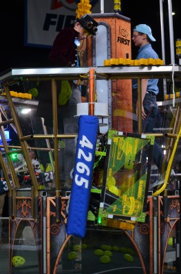 With the second qualifying match completed Friday, March 3, 2017, the Secret City Wildbots (Team 4265) were ranked 27th of 62, having lost the first match and won the second. Pictured here are team pilot Mack Patrick, left, who is watching as the robot successfully climbs the rope at the end of the match. Also in the tower is the pilot for Hardin Valley Academy, team 3824. Also on the alliance for match 15 was 5022 from David Crockett High School in Jonesborough, Tennessee. The Secret City Wildbots Team 4265 are competing in the First Robotics Palmetto Regional in Myrtle Beach, South Carolina. (Photo by Angi Agle)