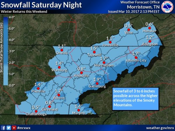 Winter returns this weekend with snowfall expected Saturday night, March 11, 2017, across most of the region. Snow accumulations of 1 to 3 inches across the Valley and Plateau to 3 to 6 inches possible across the Smoky Mountains. Please stay tuned to the latest weather forecast. (Image courtesy National Weather Service in Morristown)