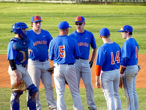 The Campbell County Cougars huddle at the pitcher's mound during a 9-4 loss to Oak Ridge at Bobby Hopkins Field on Tuesday, April 4, 2017. (Photo by John Huotari/Oak Ridge Today)