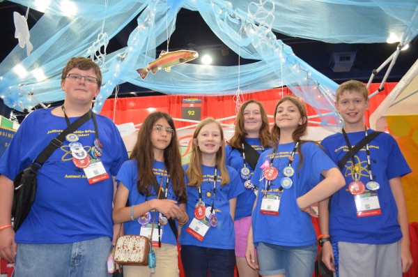 At the First Robotics World Championship in Houston, the Jefferson Middle School First Lego League team, the JMS Master Builders, is also competing in the FLL Division. Pictured above on Thursday, April 20, 2017, are team members (left to right) Matthew Alexander, Thora Spence, Amelia Thomson, Jessica Mohr, Stella Scott, and Adam Blanchard. (Photo by Angi Agle)