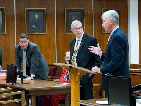 Pictured above during a hearing on lawsuits filed against Lee Cromwell, second from left, are attorneys Jason Fisher, left James Y. "Bo" Reed, second from right; and Bruce Fox. Personal injury and wrongful death lawsuits have been filed against Cromwell, 68, an Oak Ridge resident convicted of vehicular homicide and eight counts of aggravated assault for a fatal crash in a crowded parking lot at Midtown Community Center after fireworks on July 4, 2015. The hearing was Wednesday, April 12, 2017, in Anderson County Circuit Court in Clinton. (Photo by John Huotari/Oak Ridge Today)