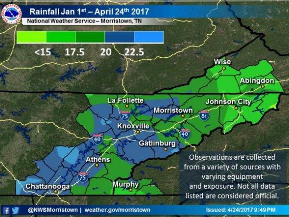 The recent heavy rainfall has many locations already over 20 inches for the year. (Image courtesy National Weather Service in Morristown)