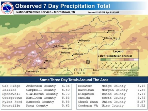 Rainfall totals for the past three to seven days published on April 24, 2017. (Image courtesy National Weather Service in Morristown)