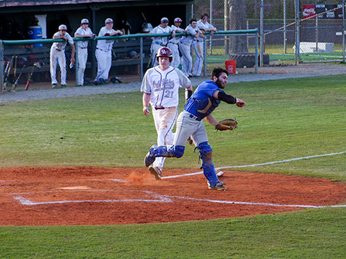 Oak Ridge senior Ben Aird (21) is out at home, but the Wildcats beat Campbell County 9-4 at Bobby Hopkins Field on Tuesday, April 4, 2017. (Photo by John Huotari/Oak Ridge Today)