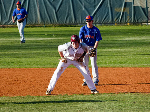 Oak Ridge senior Ben Aird (21) takes a lead from second base during a 9-4 win over Campbell County at Bobby Hopkins Field on Tuesday, April 4, 2017. (Photo by John Huotari/Oak Ridge Today)