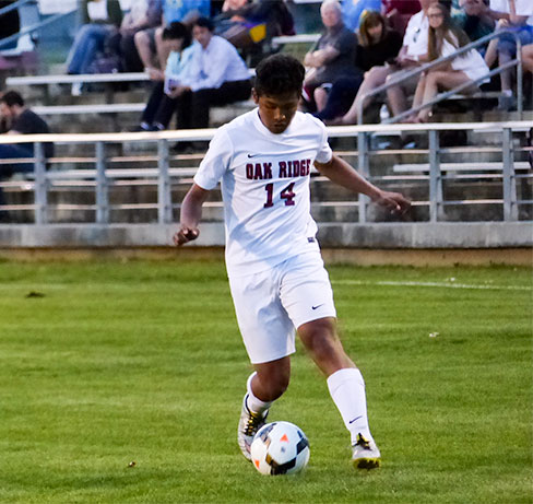 Oak Ridge sophomore forward Christian Avila (14) is pictured above during a 6-0 win over Powell at the Oak Ridge Soccer Complex on Tuesday, April 11, 2017. (Photo by John Huotari/Oak Ridge Today)