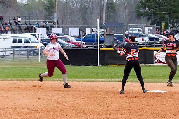 Oak Ridge sophomore Bailey Watkins, a transfer from Oliver Springs, runs back to second base during a high-scoring 17-15 softball game against Clinton at home on Thursday, March 30, 2017. (Photo by John Huotari/Oak Ridge Today)
