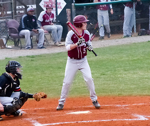 Oak Ridge senior Lukas Gurley (5) looks for a bunt during a 6-4 loss to Powell at Bobby Hopkins Field on Friday, March 31, 2017. (Photo by John Huotari/Oak Ridge Today)