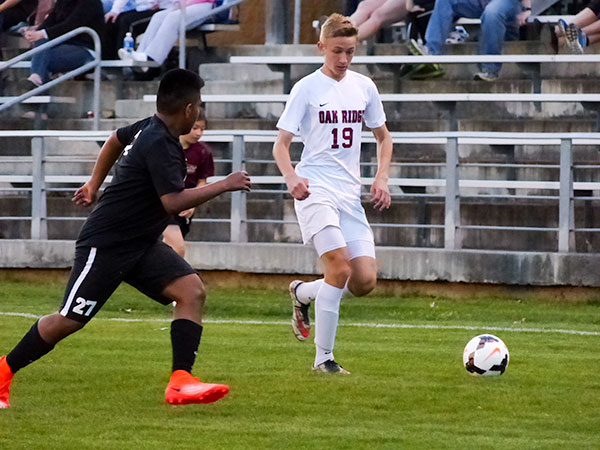 Oak Ridge sophomore midfielder Nathan Kidder (19) is pictured above during a 6-0 win over Powell at the Oak Ridge Soccer Complex on Tuesday, April 11, 2017. (Photo by John Huotari/Oak Ridge Today)
