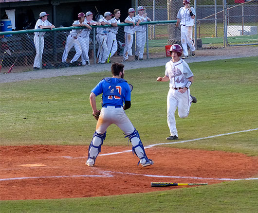 Oak Ridge junior catcher Jacob Ownby (44) runs home during a 9-4 win over Campbell County at Bobby Hopkins Field on Tuesday, April 4, 2017. (Photo by John Huotari/Oak Ridge Today)