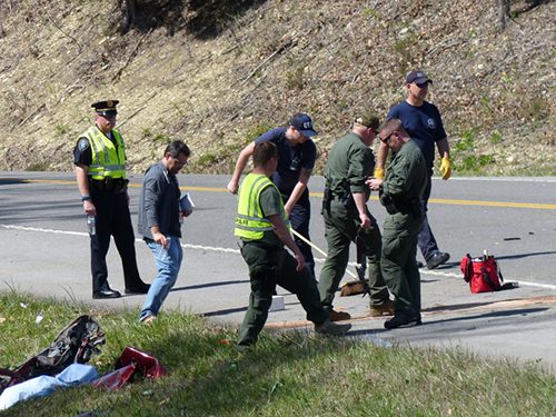 The Oak Ridge Police Department and Oak Ridge Fire Department investigate and clean up after a fatal crash on State Route 95 on Monday afternoon, April 10, 2017. (Photo by John Huotari/Oak Ridge Today)