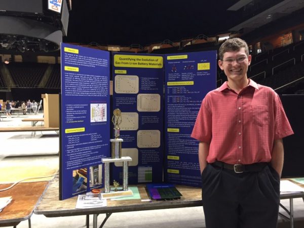 Ryan Armstrong earned second place for his project titled “Quantifying the Evolution of Gas from Li-ion Battery Materials” under the mentorship of Gabriel Veith of Oak Ridge National Laboratory. Along with a $750 scholarship and trophy, Ryan will travel to Los Angeles, California in May to compete at the International Science and Engineering Fair. (Submitted photo)