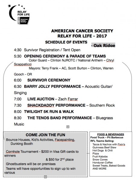 American Cancer Society Relay for LIfe Schedule 2017