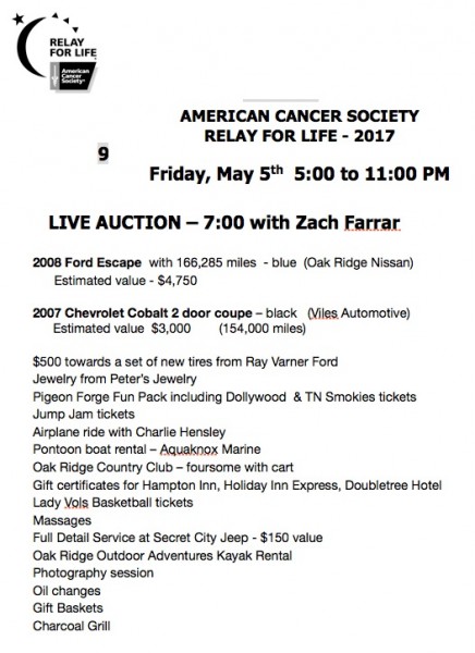 American Relay for Life Auction Items 2017