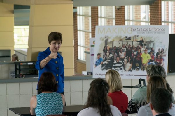 Shirley Raines, the featured speaker, delivers her talk during a grant awards ceremony by the Oak Ridge Public Schools Education Foundation at Oak Ridge High School on Wednesday, April 26, 2017. (Photo courtesy ORPSEF)