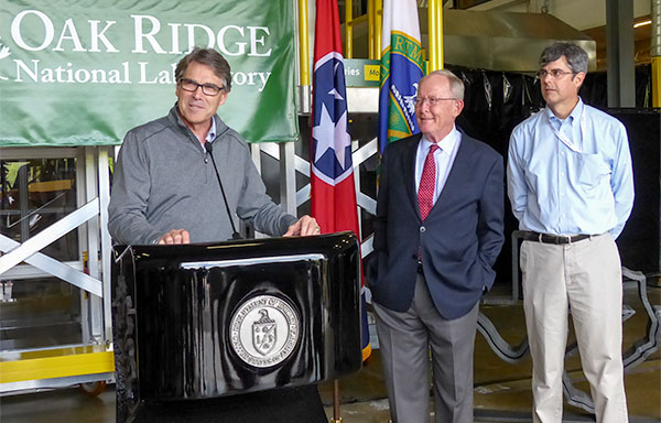 Energy Secretary Rick Perry, left, talks to reporters after touring Oak Ridge National Laboratory's Manufacturing Demonstration Facility on Hardin Valley Road on Monday, May 22, 2017. Also pictured is U.S. Senator Lamar Alexander, center, a Tennessee Republican, and ORNL Director Thom Mason. (Photo by John Huotari/Oak Ridge Today)