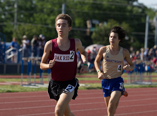 Oak Ridge senior Jake Etheridge raced in the 1,600 meter run and was part of the 4x800 meter relay team at the 2017 TSSAA Boys' State Track Championships at MTSU in Murfreesboro on Friday, May 26, 2017. (Photo by Kindell Moore)