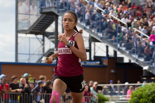 Oak Ridge freshman Muskaan Vohra competed in the 4x800 meter relay at MTSU in Murfreesboro on Thursday, May 25, 2017, when the girls finished ninth out of 16 teams. (Photo by Kindell Moore)