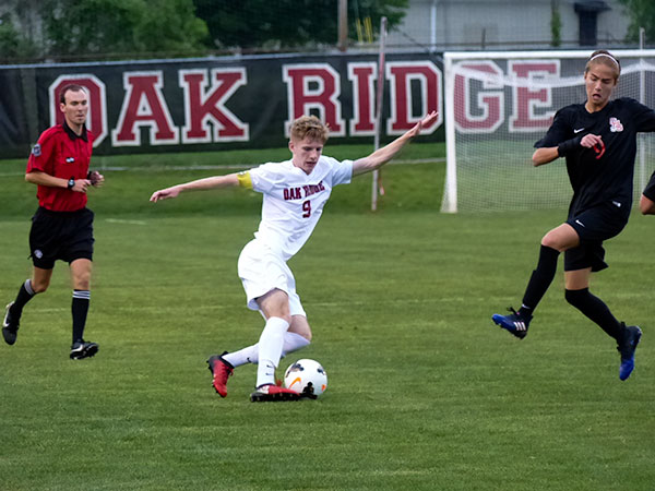 Oak Ridge senior forward Austin Vinyard (9) scored two goals during a 4-0 shutout win over Central in the District 3-AAA championship game at the Oak Ridge Soccer Complex on Friday, May 12, 2017. (Photo by John Huotari/Oak Ridge Today)