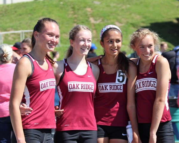 Pictured above is the Oak Ridge girls 4x800-meter relay team, which qualified for the 2017 TSSAA State Track Meet during the Class AAA Section 1 Finals at Hardin Valley Academy on Saturday, May 13, 2017. From left are junior Genevieve Schwartz, senior Abbey Greenhalgh, and freshman Muskaan Vohra and Rebecca Joyal. (Photo by Nichole Zawisza)