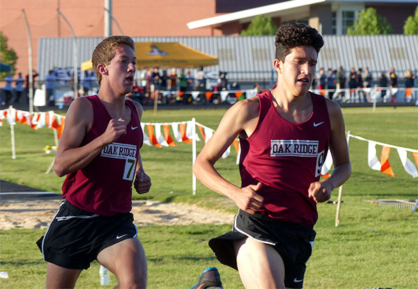 Pictured above during the boys 800-meter run are Oak Ridge juniors Reid Dukes, left, and Jose Villegas, who qualified for the 2017 TSSAA State Track Meet as part of the 4x800-meter relay team during the Class AAA Section 1 Finals at Hardin Valley Academy on Saturday, May 13, 2017. (Photo by John Huotari/Oak Ridge Today)